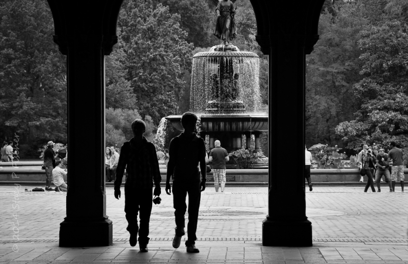 Silhouettes against Central Park fountain