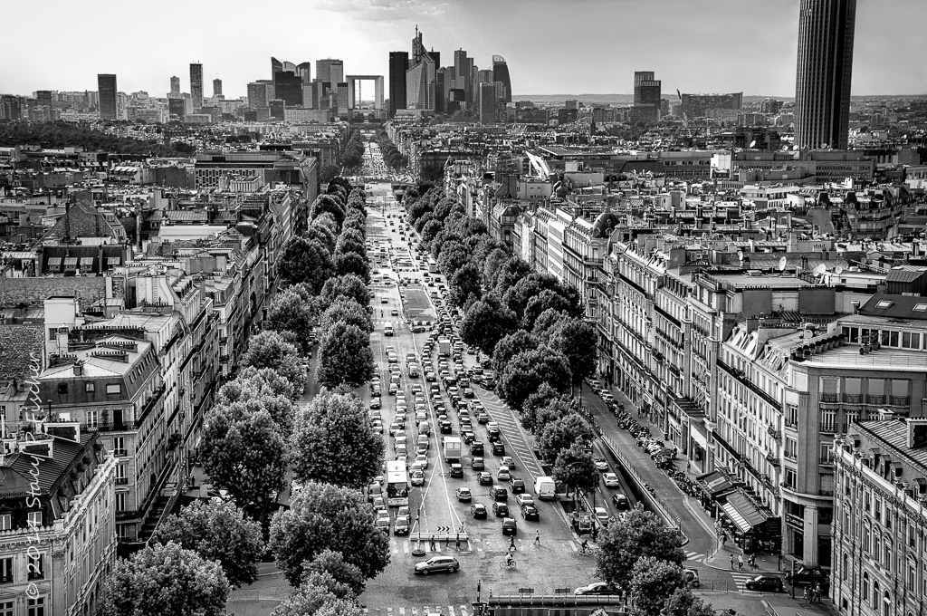 Paris, La Defense and Avenue de la Grande Armee from atop Arc de Triomphe