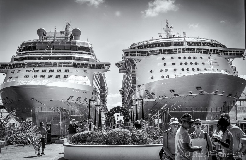 Two cruise ships docked side by side in Basseterre, St. Kitts.
