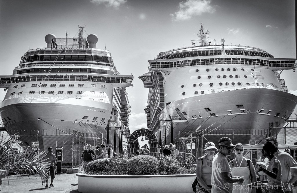 Two cruise ships docked side by side in Basseterre, St. Kitts.