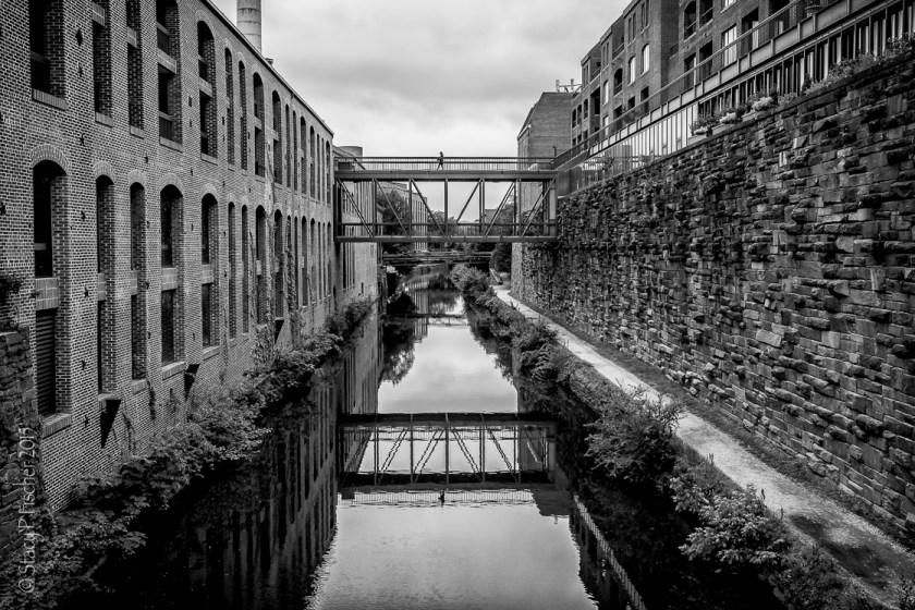 Chesapeake & Ohio (C&O) Canal, Georgetown, Washington, DC, looking north toward pedestrian bridges between business buildings