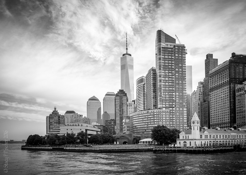 View of Freedom Tower from Statue Cruises boat south of Battery Park