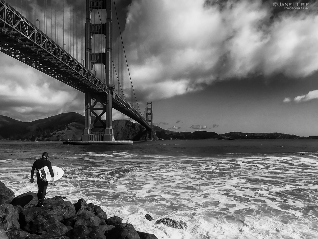 San Francisco, Surfer, Golden Gate Bridge, California, Black and White