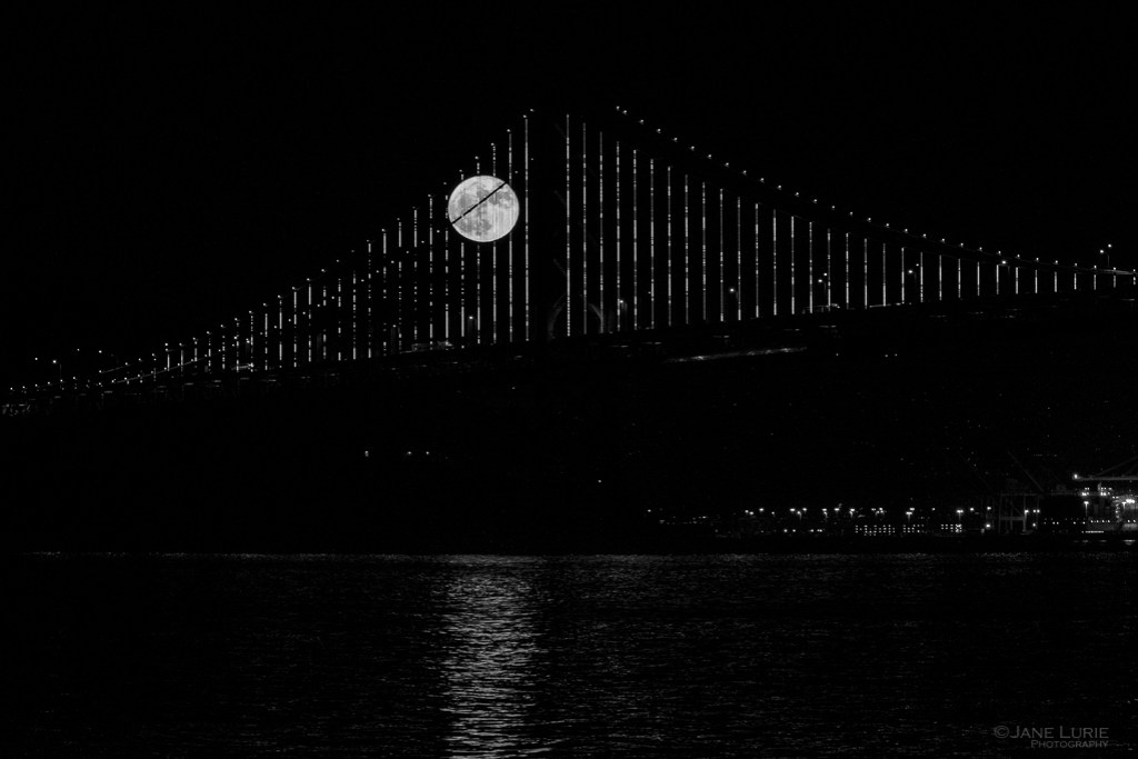 San Francisco, Full Moon, Bay Bridge, Black and White, Photography, Monochrome