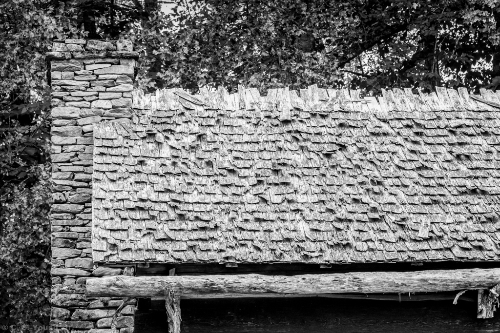 Mountain Farm Museum: Stone Chimney & Shingle Roof Composition